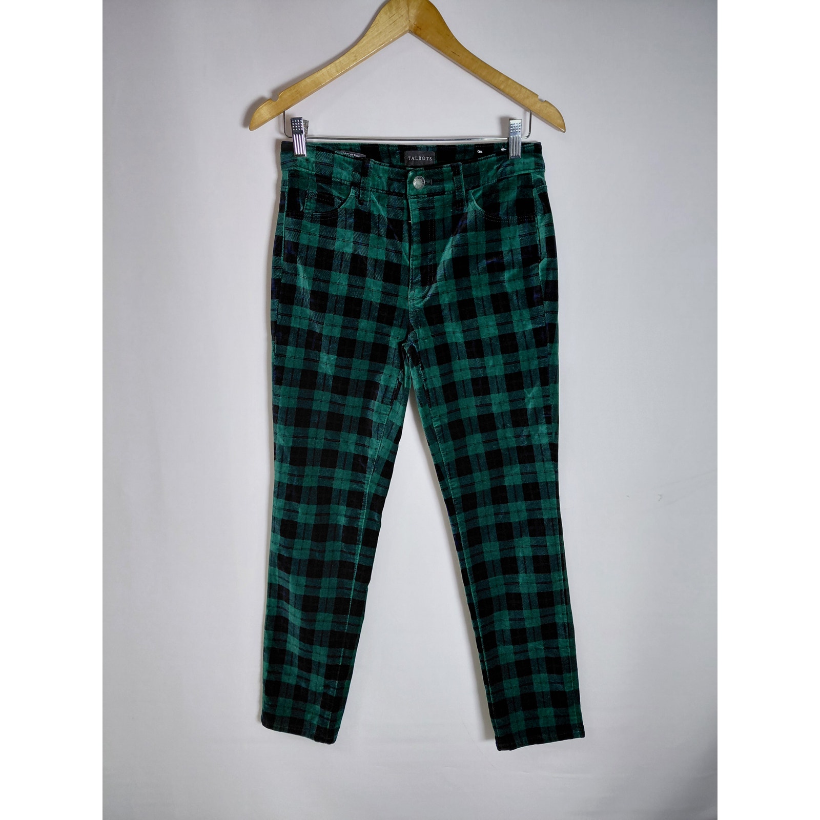 Talbots Velveteen Straight Leg Pant Green Plaid Regular Women Size 2p